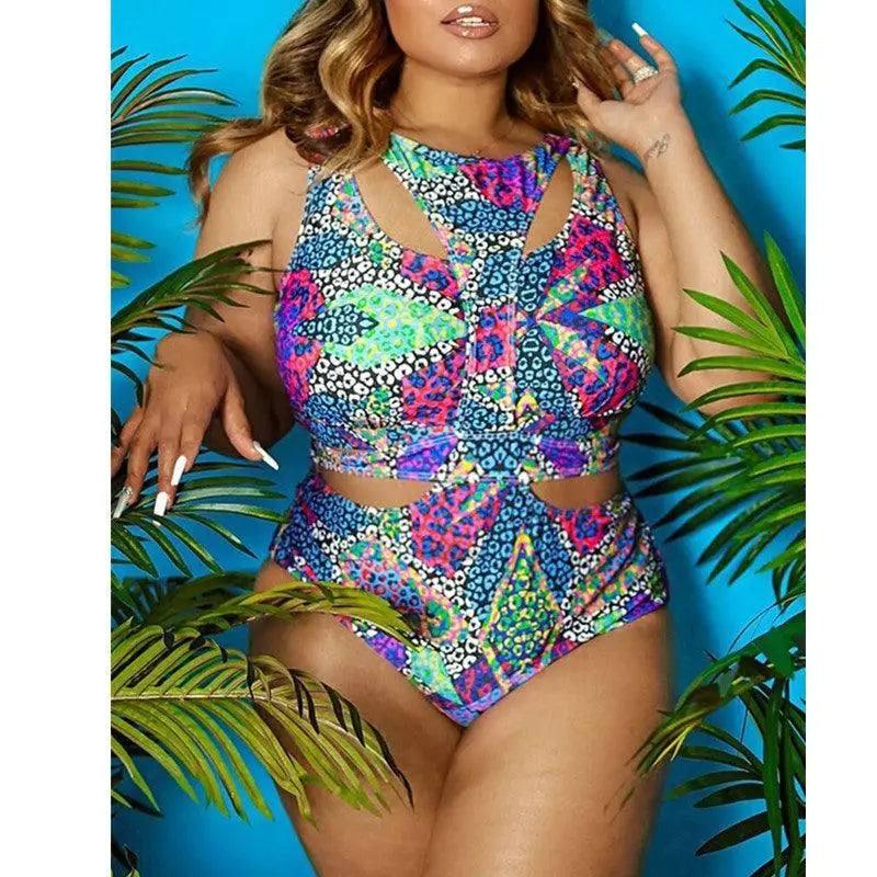 Ethnic Print Plus Size Swimsuit Bikini-Greenfloral-7