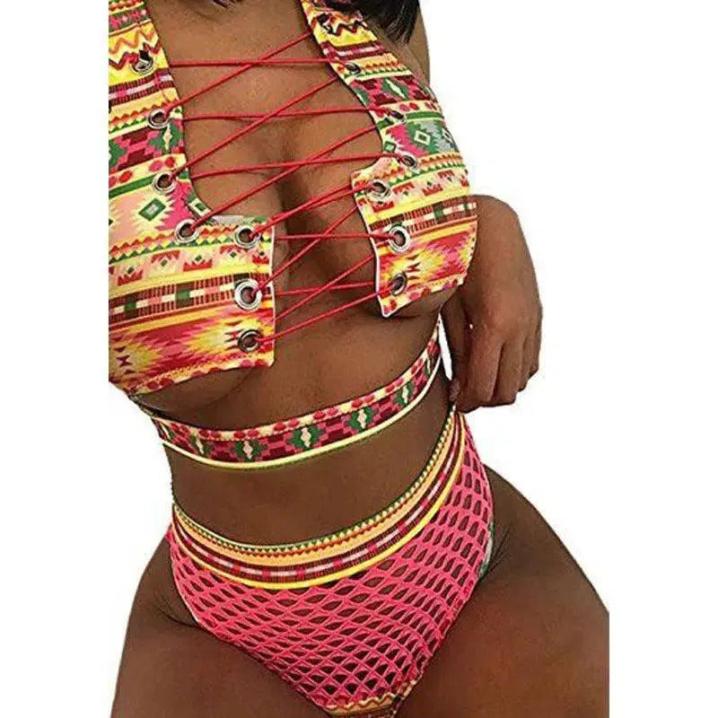 European And American High Waist Bikini Strap Hollow-Multicolor-3