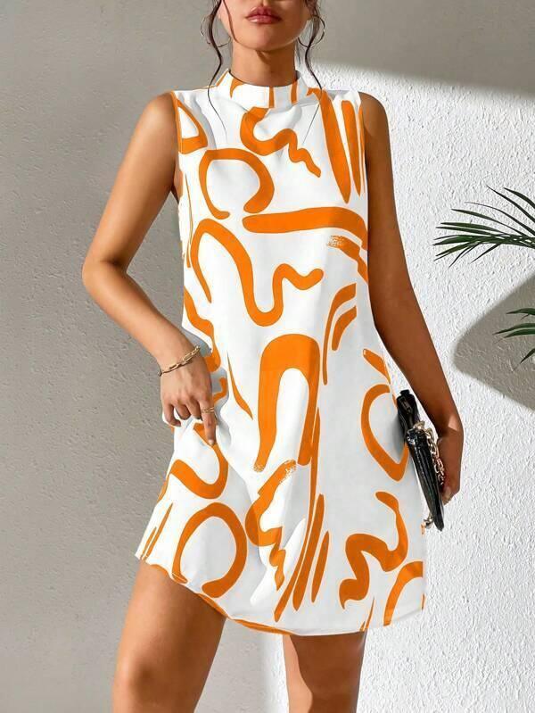 European And American Printed Stand Collar Dress-Orange-10