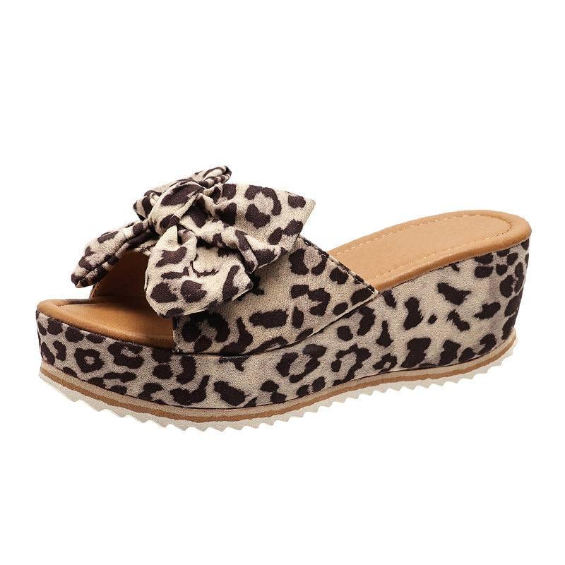 Fashion Bow Leopard Print Wedge Slippers For Women New-Black Leopard-6