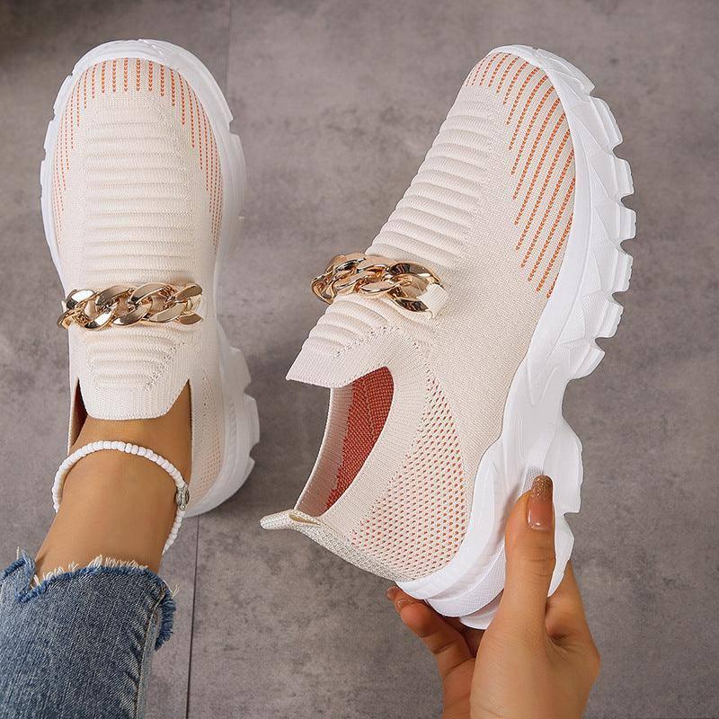 Fashion Chain Design Shoes For Women Breathable Casual Soft Sole Walking Sock Slip On Flat Shoes-7