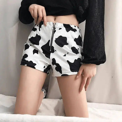 Fashion cow print slim zipper shorts women's casual pants-1