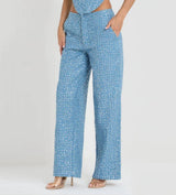 Fashion Denim Sequined Tube Top Wide Leg Pants Suit-6