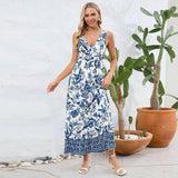 Fashion Floral Print V-neck Dress Summer Slim Fit Sleeveless Long Dress-Blue-4