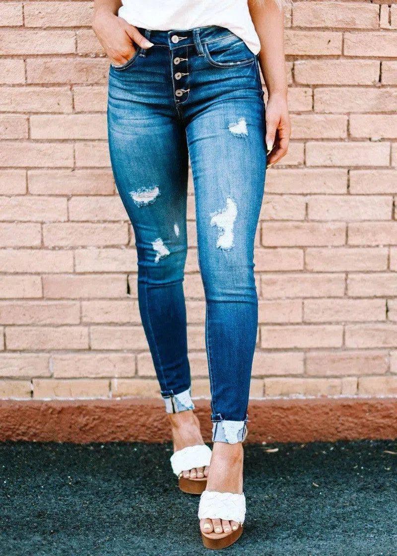 Fashion Holes Skinny Jeans-Denim Blue-11