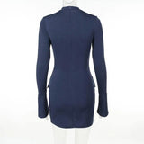 Fashion Long Sleeve Dress With Two Pockets Slim Bodycon Hip Short Dress For Women-9