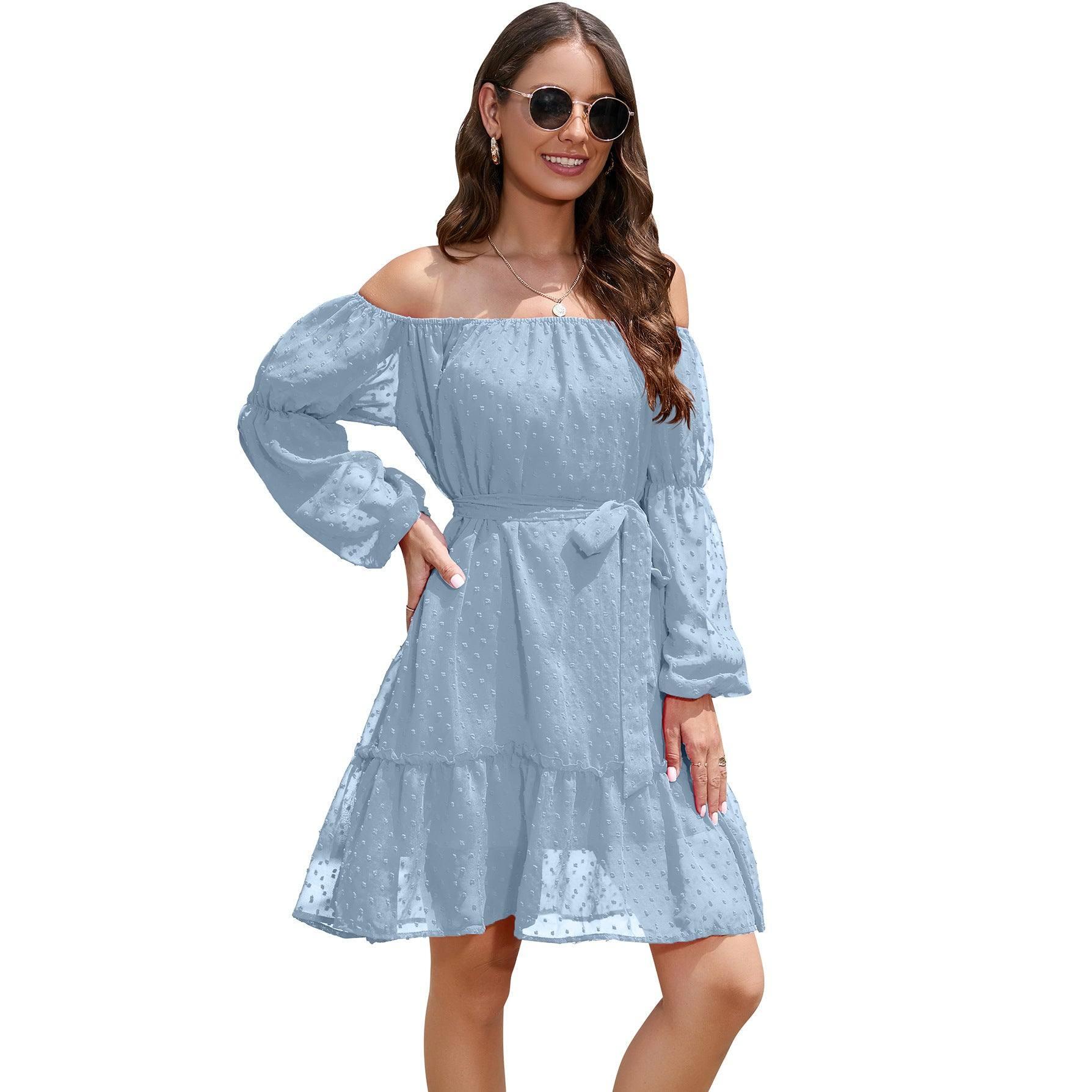 Fashion One-shoulder Long Sleeve Dress For Women Tie Waist-Sky Blue-2