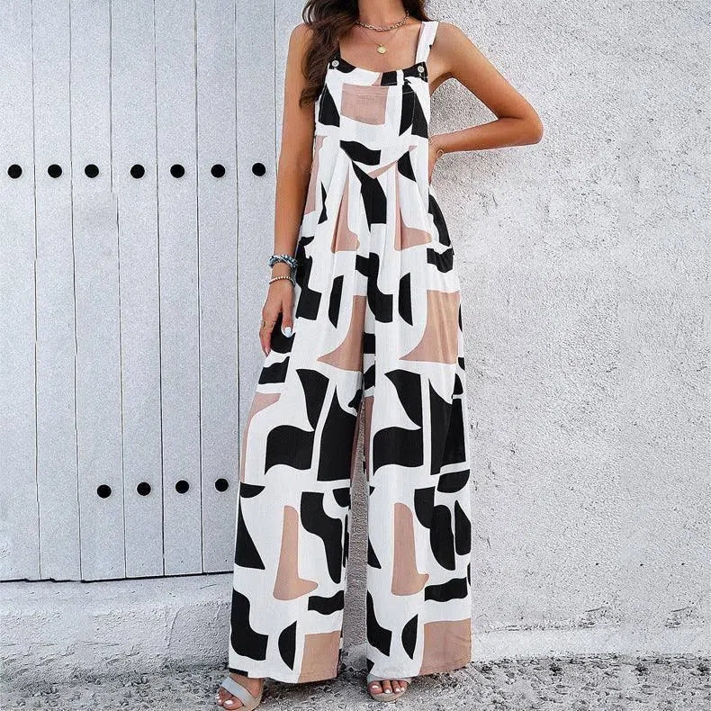 Fashion Print Square Neck Jumpsuit With Pockets Spring Summer Casual Loose Overalls Womens Clothing-Coffee-6