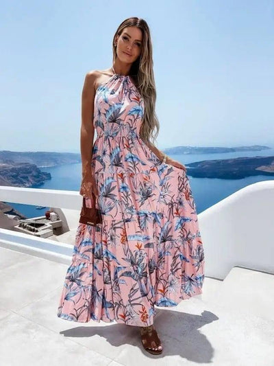 Fashion Floral Halter Dress-Pink-1