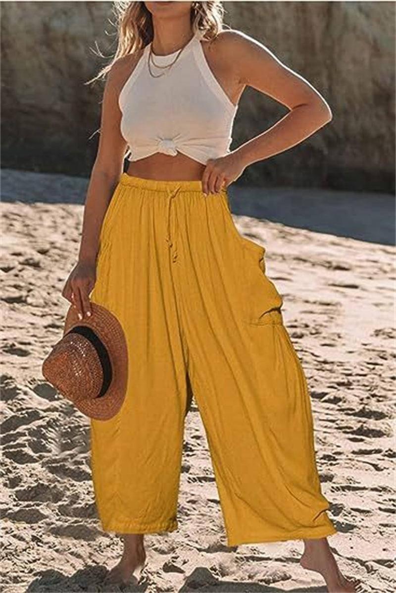 Fashion Wide Leg Pants Summer Loose Elastic High Waist-Yellow-6