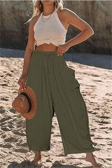 Fashion Wide Leg Pants Summer Loose Elastic High Waist Yellow / 3XL-Army Green-7