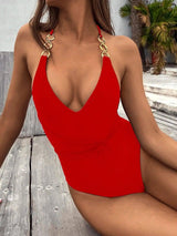 Female Solid Color One-Piece Swimsuit Bikini Bikini-Red-1