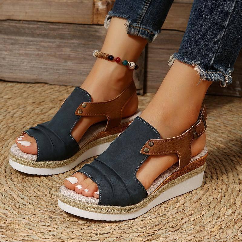 Fish Mouth Wedges Sandals With Straw Design Summer Peep Toe-Blue-6