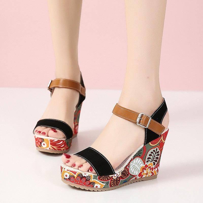 Floral Embroidered Sandals - Stylish Wedge Design-Black-2