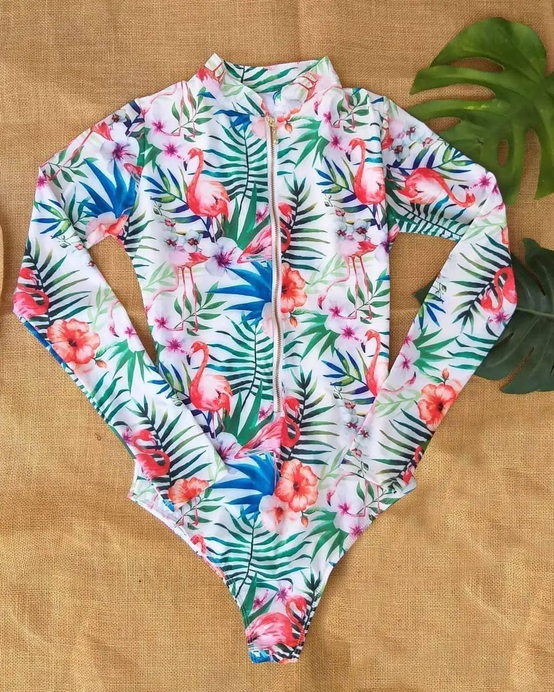 Flower Print Swimsuit Female One-Piece Bikini Long-Sleeved-Whiteflowers-2