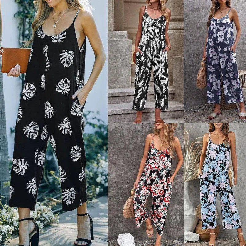 Flowers Print Suspender Jumpsuit With Pockets Spring Summer Fashion Round-neck Overalls For Womens Clothing-1