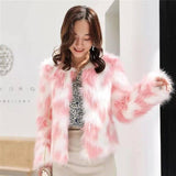 Fox fur round collarless short coat-Red and white-11