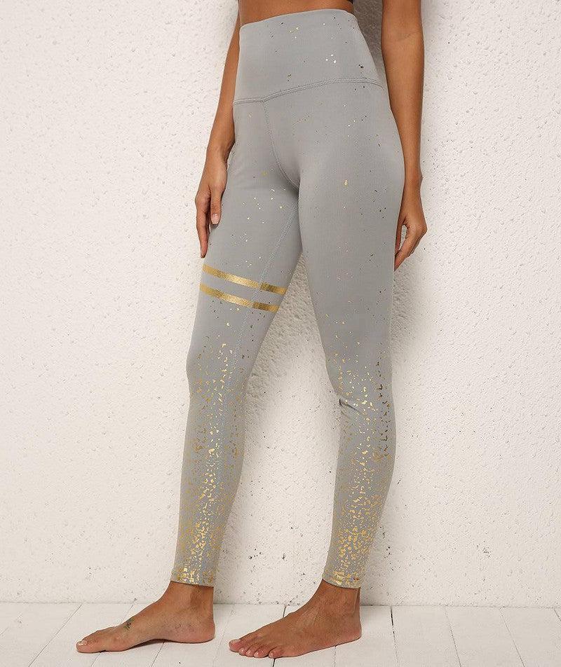 Gold Dot Striped Print Leggings Fitness Butt Lifting Running Sport Gym Yoga Pants For Women High Waist Slimming Legging Tight Trousers-Grey Gold-4