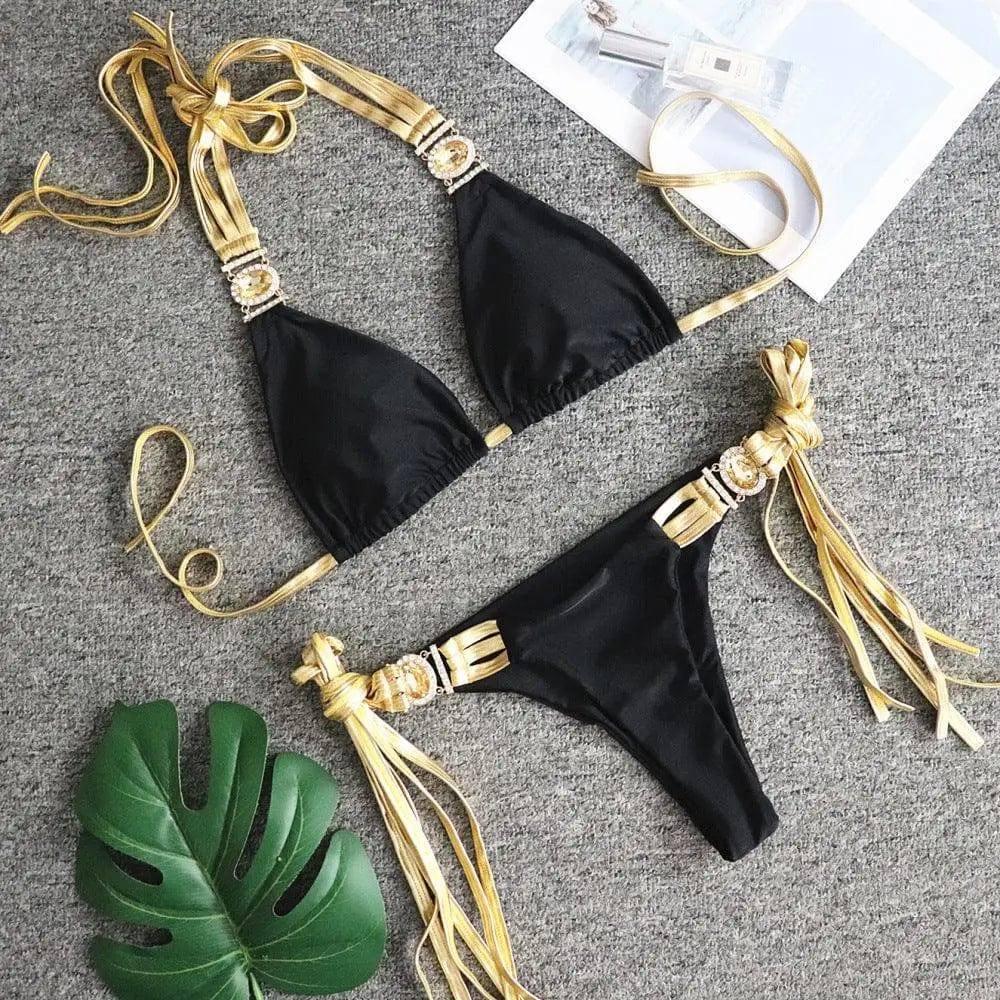 Golden Tassel Sexy Backless Bikini Crystal Diamond-Black-2