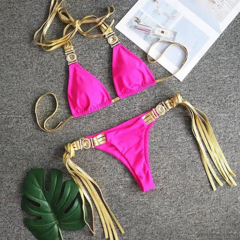 Golden Tassel Backless Bikini Crystal Diamond-RoseRed-4