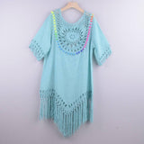 Hand Hook Large Circular Patchwork Loose Tassel Resort Style-Sky Blue-7