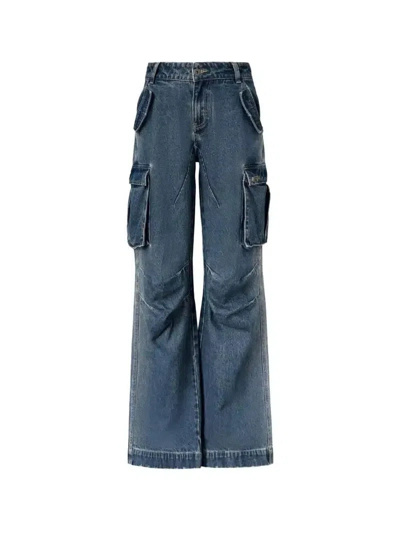 Women's Wide Leg Denim Cargo Pants - Trendy Streetwear-Navy Blue-2