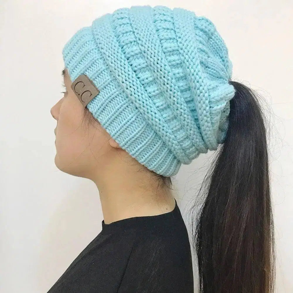 High Bun Ponytail Beanie Hat Chunky Soft Stretch Cable Knit-Blue-16