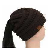 High Bun Ponytail Beanie Hat Chunky Soft Stretch Cable Knit-Brown-33