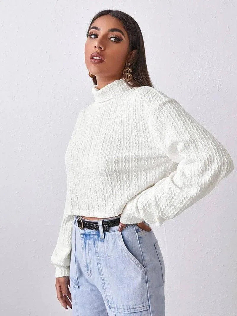 High Collar Long Sleeve Knitted Solid Loose Sweater For-8