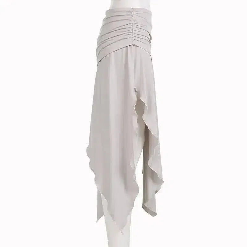 High Waist Pleating Irregular Slit Long Skirt-10