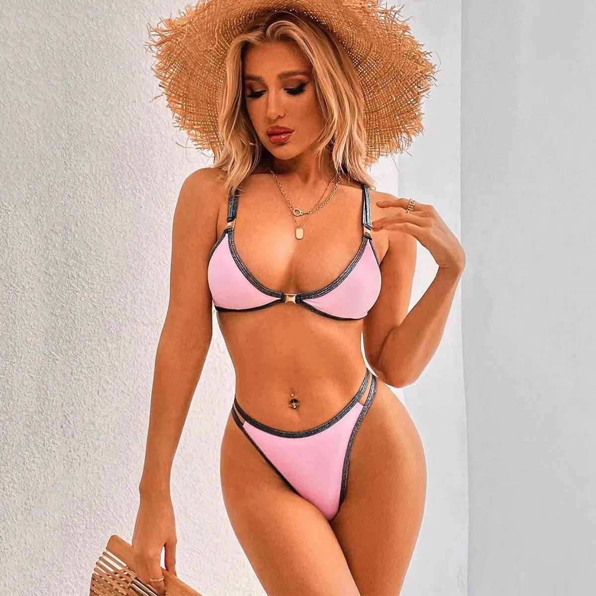 High Waist Split Solid Bikini Swimsuit-1