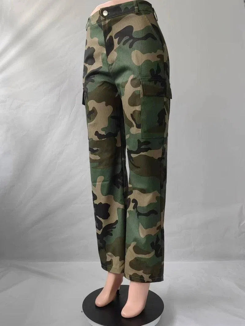 High Waisted Straight Tube Multicolor Camouflage Overalls-3