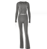 Hoodie Suit Women Leisure Zip Long Sleeve Sweater And High Waist Long Pants Set-Grey suit-12