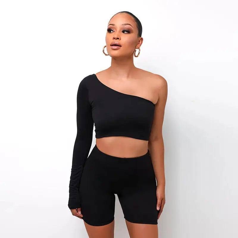 Kliou Solid Asymmetrical Two Piece Sets Women Tracksuit Crop-Black-1