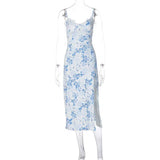 Lace Flowers Print Long Dress Fashion Slit Suspender Dress Summer Womens Clothing-Blue-7