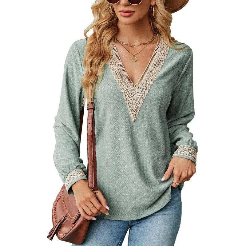 Lace Stitching V-neck T-shirt Loose Long-sleeved Solid Color Top For Women-Dark Green-5