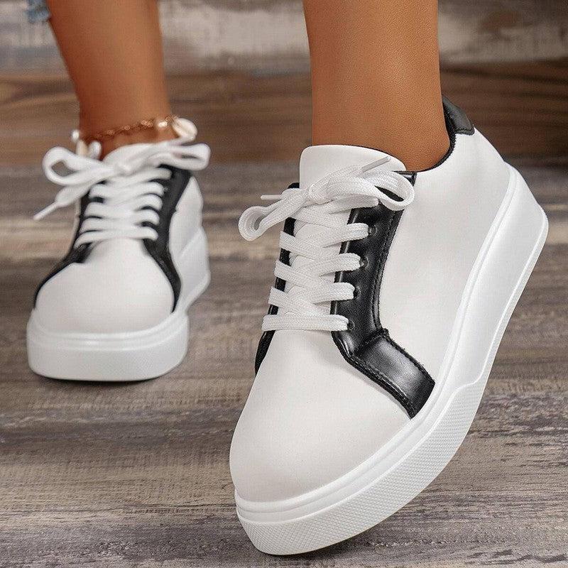 New Lace-up Flats Women Walking Sports Skateboard Shoes Retro Fashion Casual Sneakers-White-2