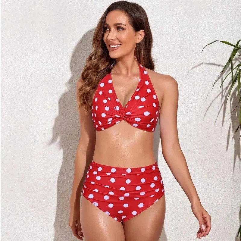 Ladies European And American Multicolor Bikini-Redandwhitedots-5