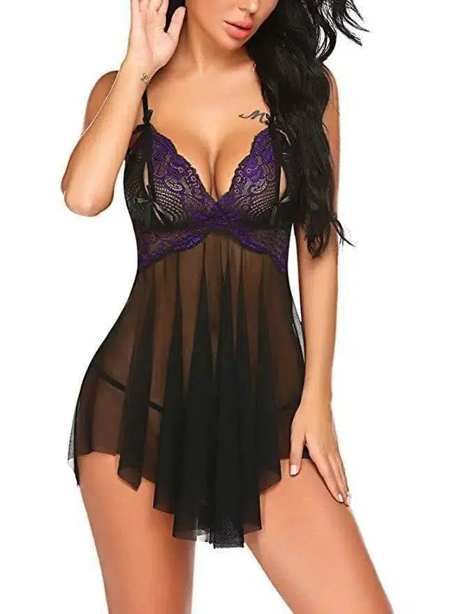 Ladies See-through Lingerie Suspenders Lace Nightdress-Purple-1