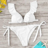 Ladies Split Solid Color Ruffled V-Neck Sexy Bikini Swimsuit-8