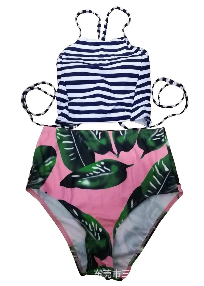 ladies split wave stripe swimsuit two piece size wear-3