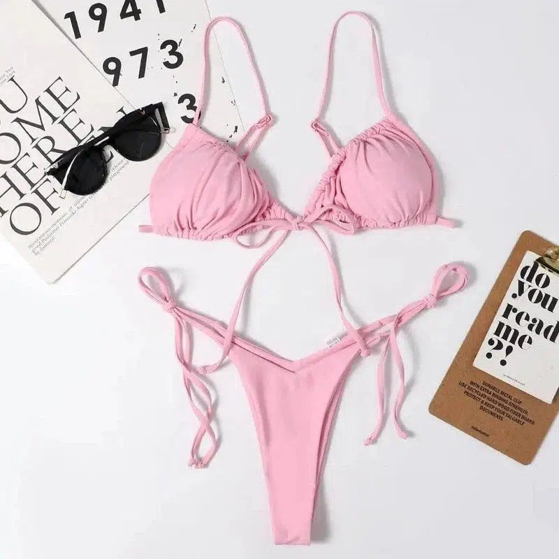 Ladies Swimsuit Solid Color Split Drawstring Thong-Pink-1