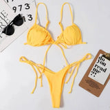 Ladies Swimsuit Solid Color Split Drawstring Sexy Thong-Yellow-8