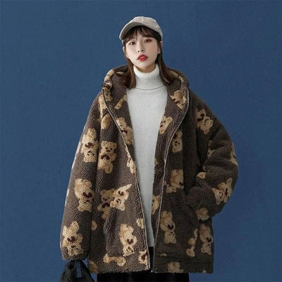 Lamb fur bear cotton coat-Khaki-5