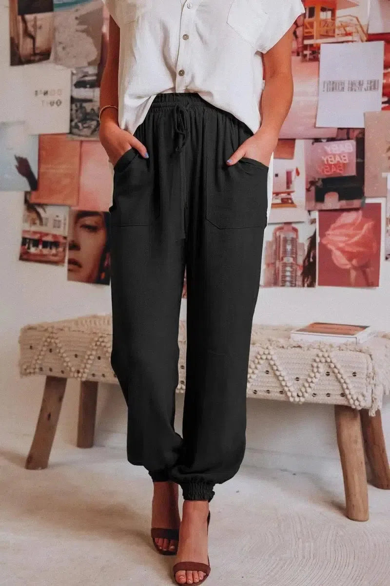 Lantern Pants Solid Cotton Linen Pants-Black-2