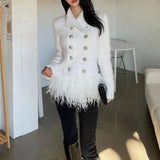 Lapel Long Sleeve Slim Double Breasted Tassel Coat Women-White-1