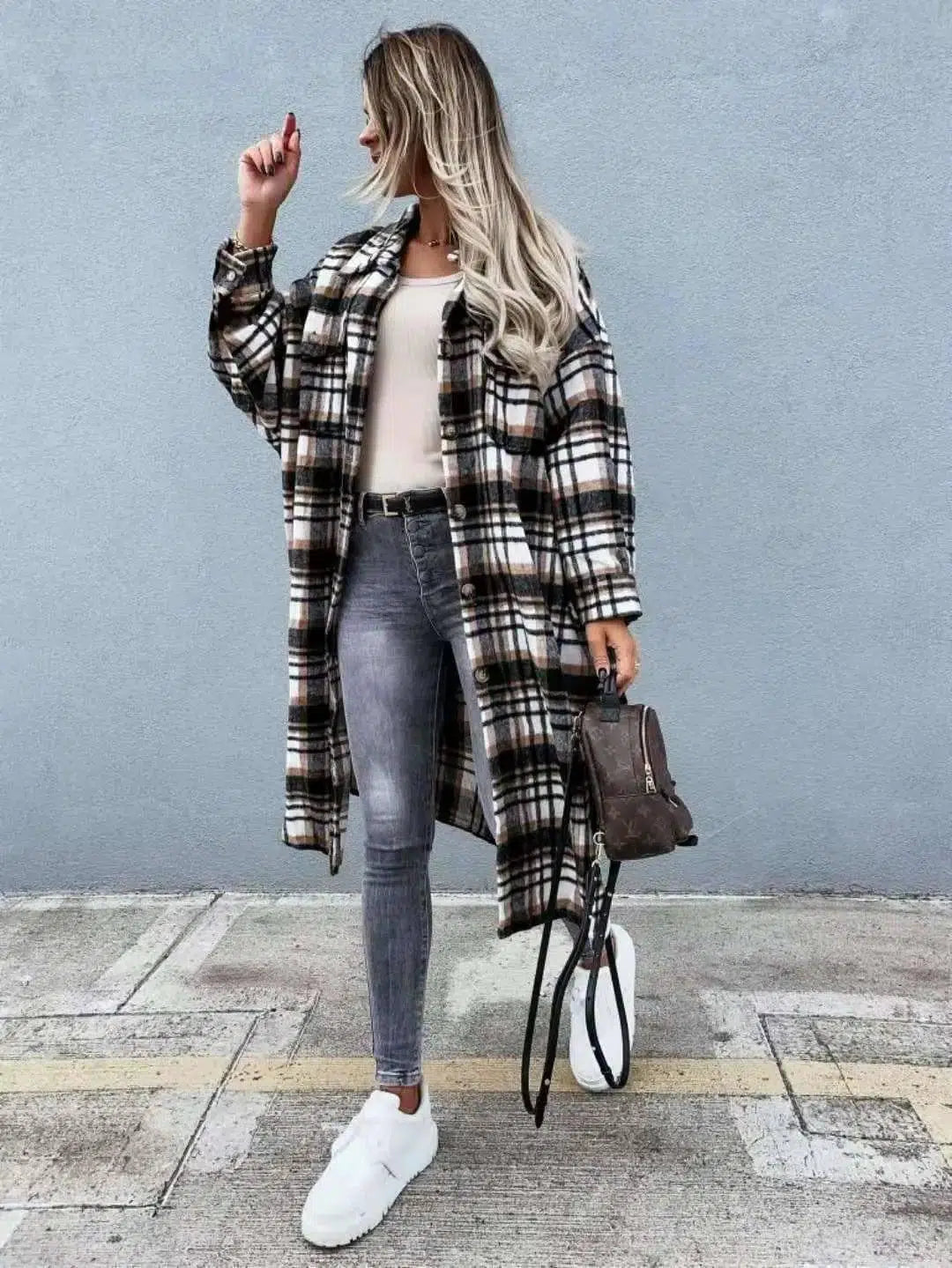 Long Plaid Single-Breasted Lapel Shirt Jacket-Coffee-4