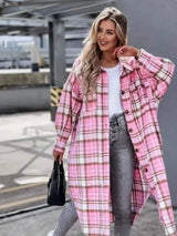 Long Plaid Single-Breasted Lapel Shirt Jacket-Pink-5