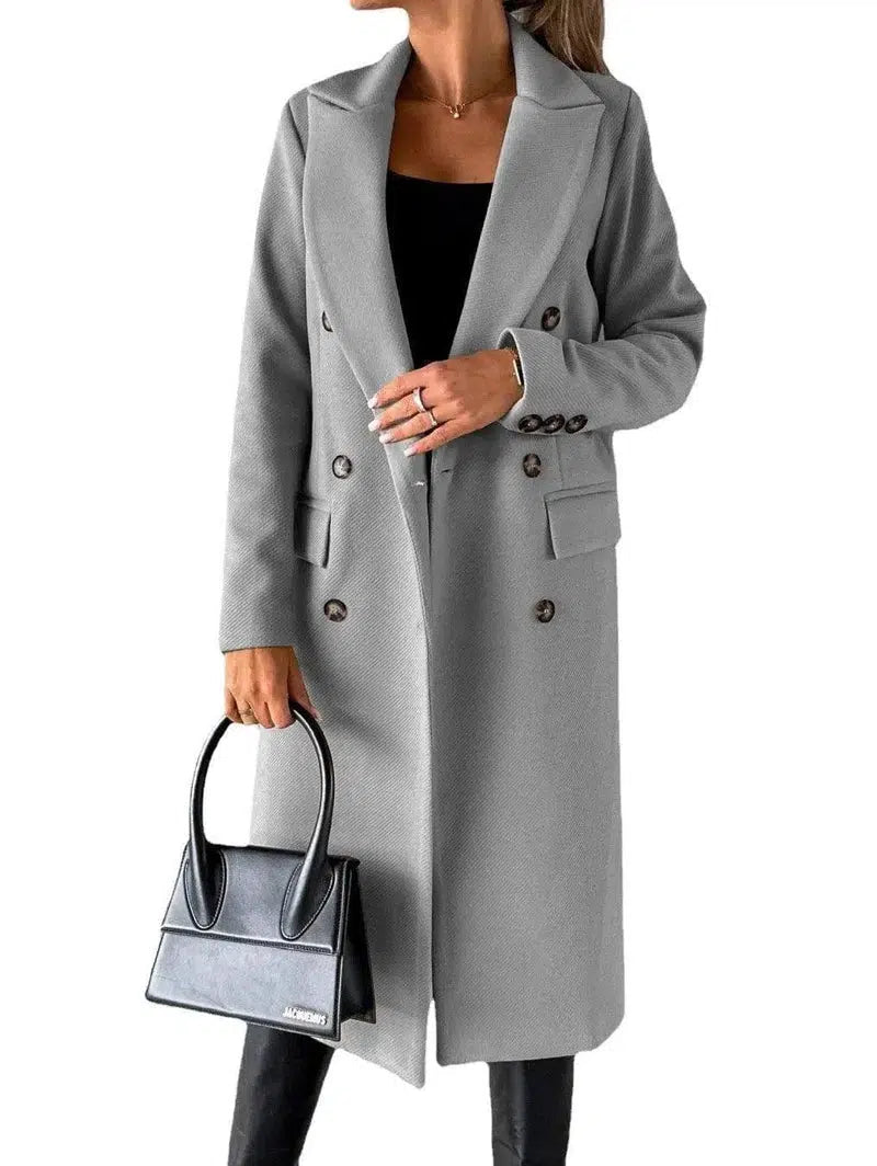 Long Sleeve Lapel Solid Double Breasted Slim Coat Coat-Light Grey-7