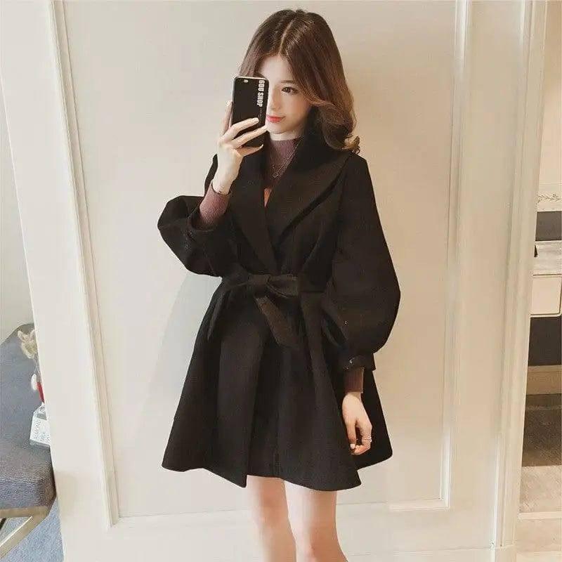 Loose and Slim Medium Length Lantern-sleeved Woolen Coat-Black-1